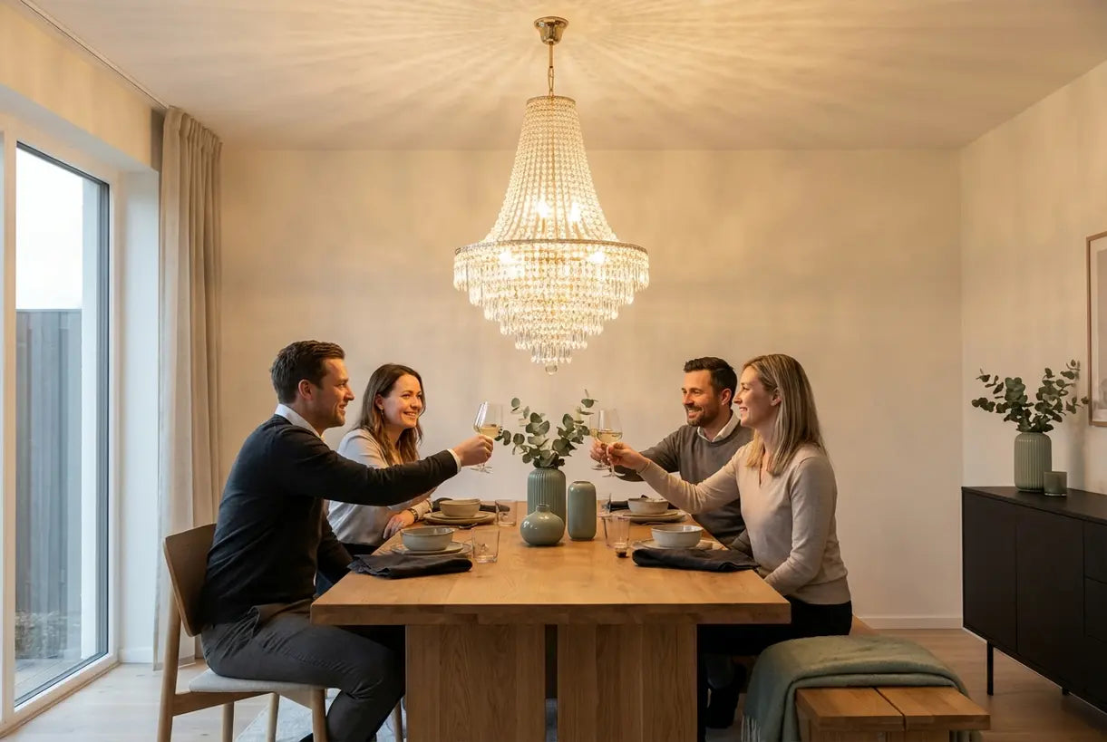 Elegante eetkamer met kristallen hanglamp die een warme, glamoureuze sfeer creëert