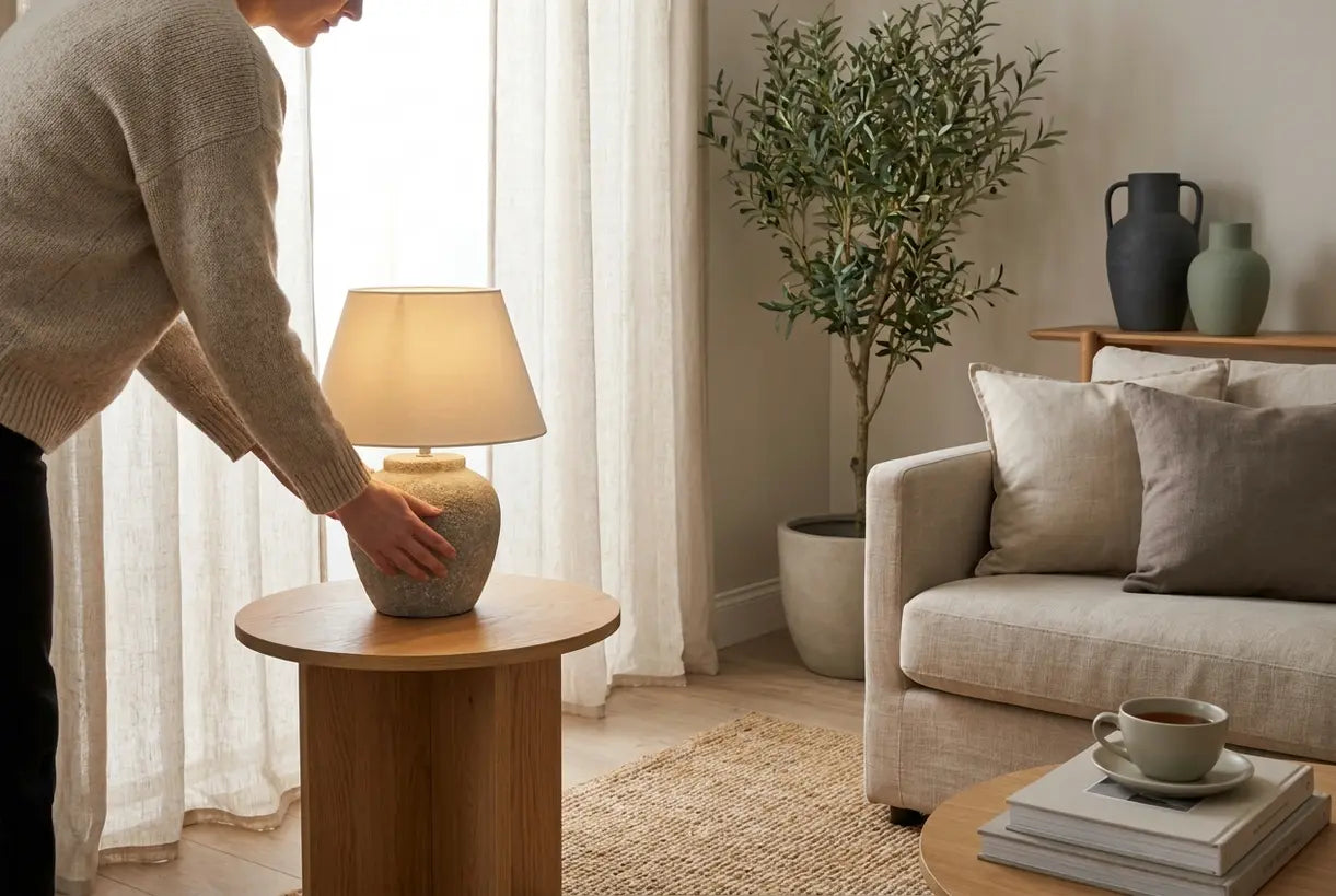 Stone effect table lamp in Scandinavian living room with natural decor