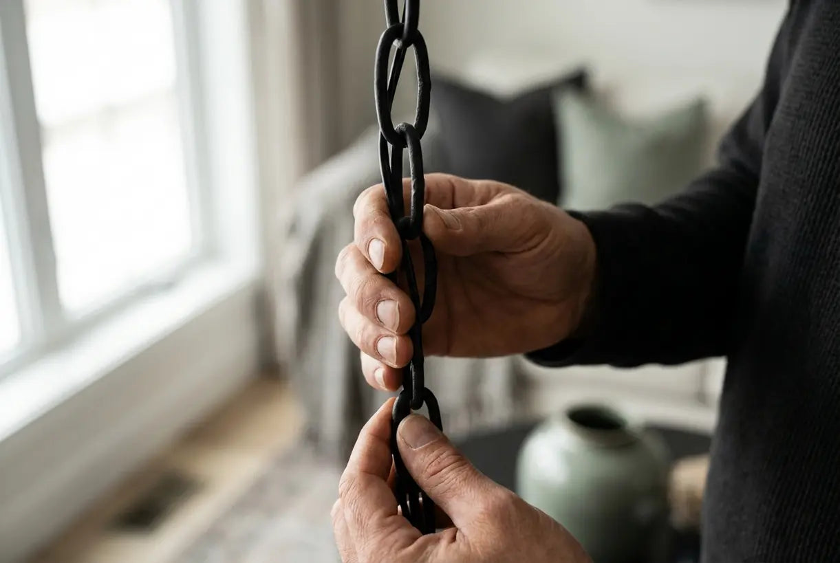 Handen die een matzwarte kroonluchterketting aanpassen, tonen smeedijzeren textuur