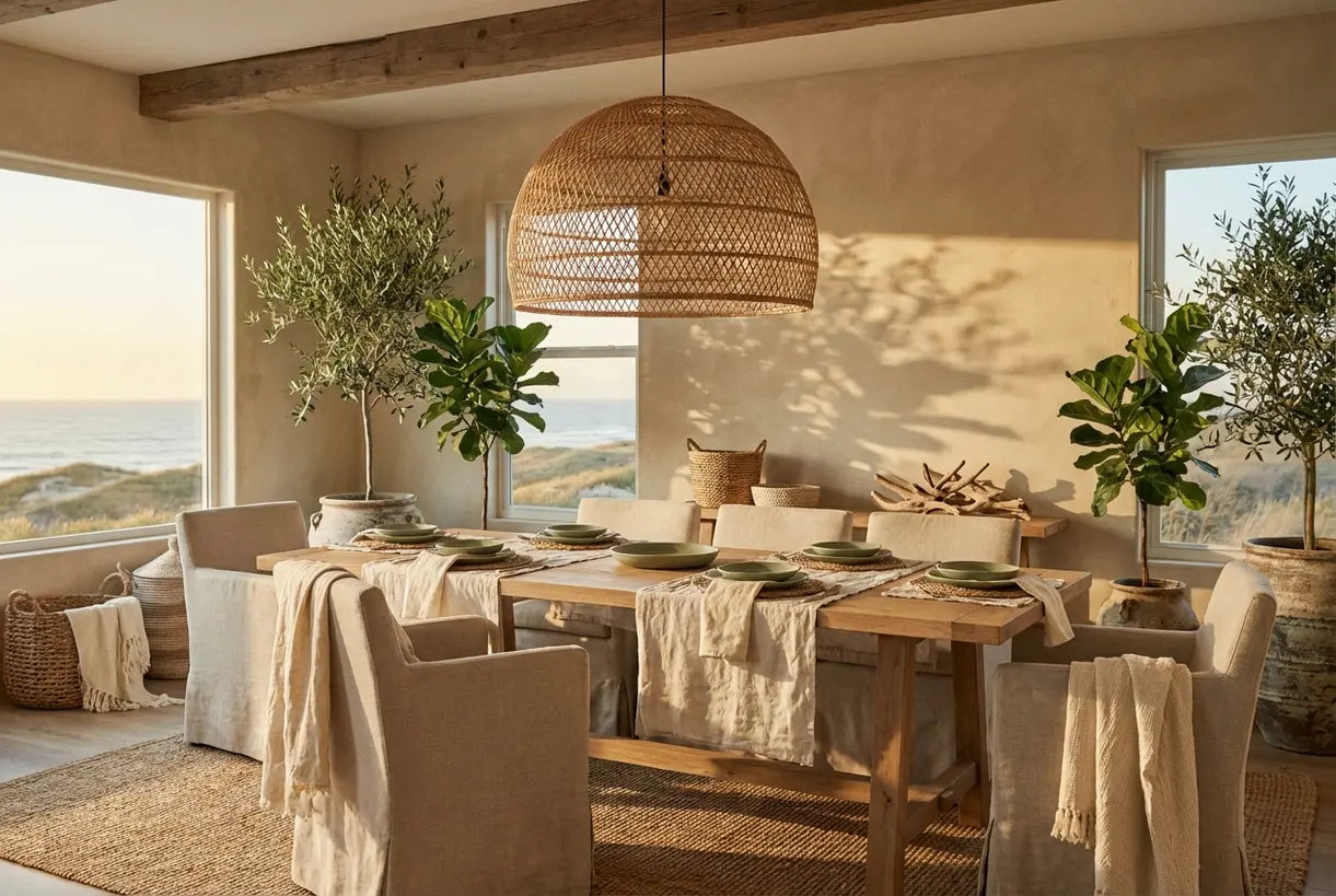 Large rattan dome pendant light in coastal dining room with natural wood table