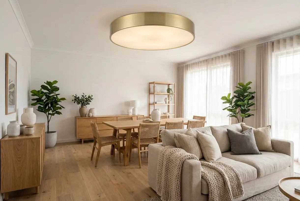 Moderne Scandinavische woonkamer met een hedendaagse plafondlamp voor vlakke montage