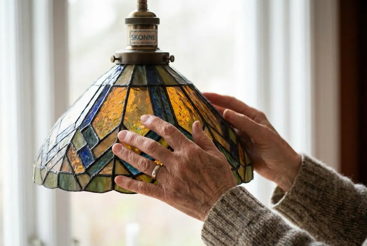 Hands touching colorful stained glass Tiffany pendant light shade