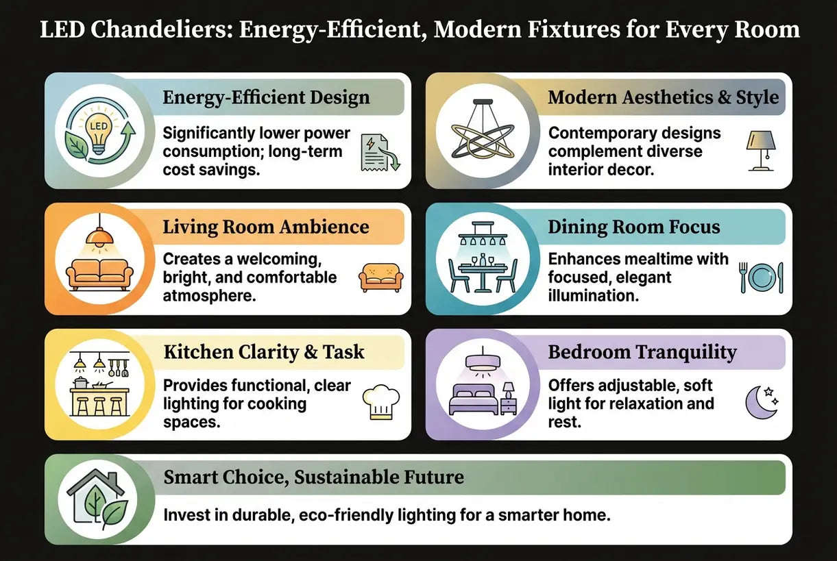 LED Chandeliers: Energy-Efficient, Modern Fixtures for Every Room - infographic
