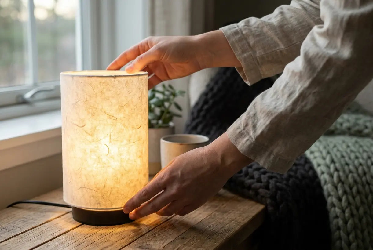 Hands adjusting decorative LED table lamp with warm ambient glow in Scandinavian home setting