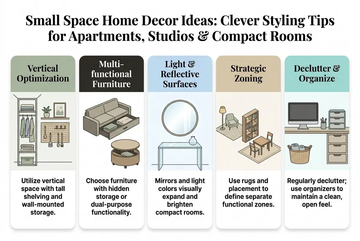 Small Space Home Decor Ideas: Clever Styling Tips for Apartments, Studios & Compact Rooms - infographic