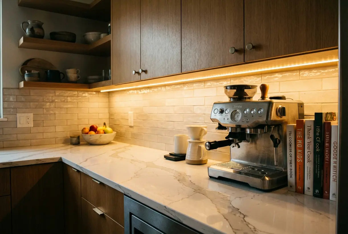 Modern kitchen countertop lit by warm under cabinet LED strip lights