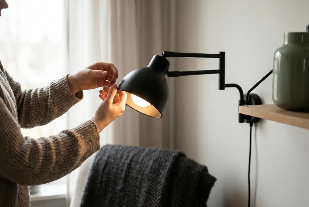 Close-up of hands adjusting modern Nordic wall sconce in small living room with warm ambient lighting