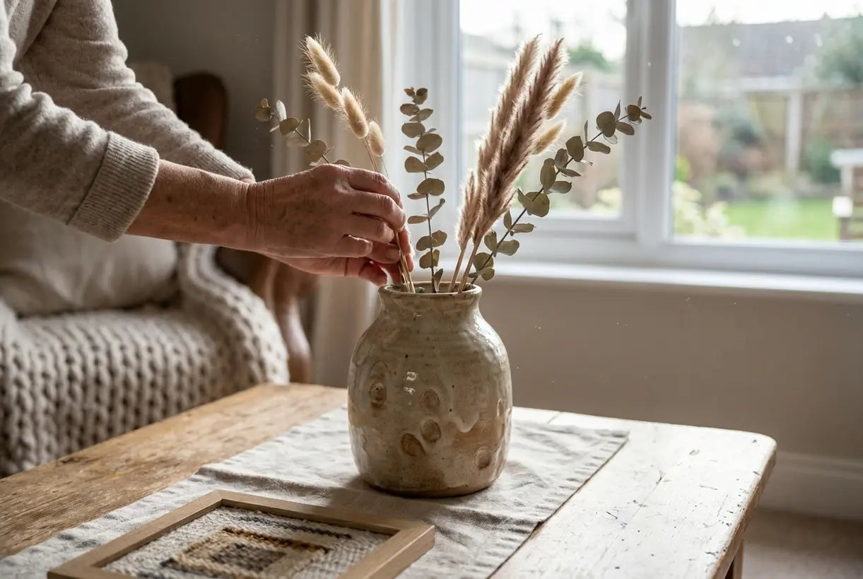 Handcrafted ceramic vase with dried stems in soft natural light, personalized home decor detail