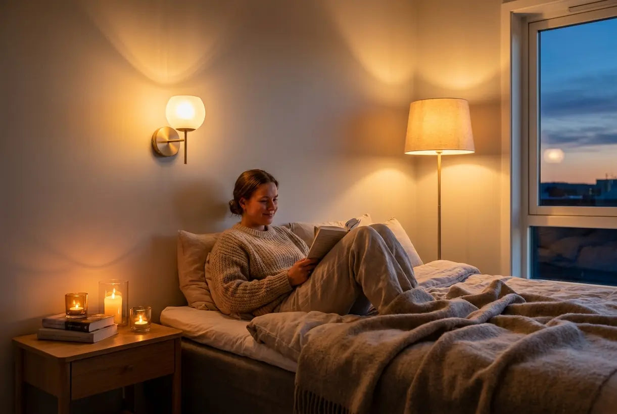 Scandinavian bedroom with layered mood lighting creating cozy romantic atmosphere