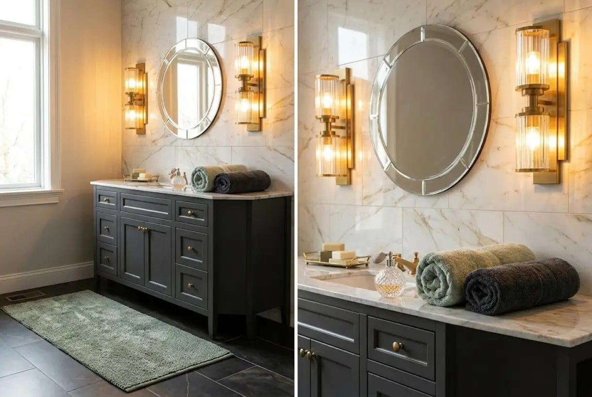 Art Deco bathroom vanity featuring geometric wall sconces and glamorous vintage-inspired lighting design.
