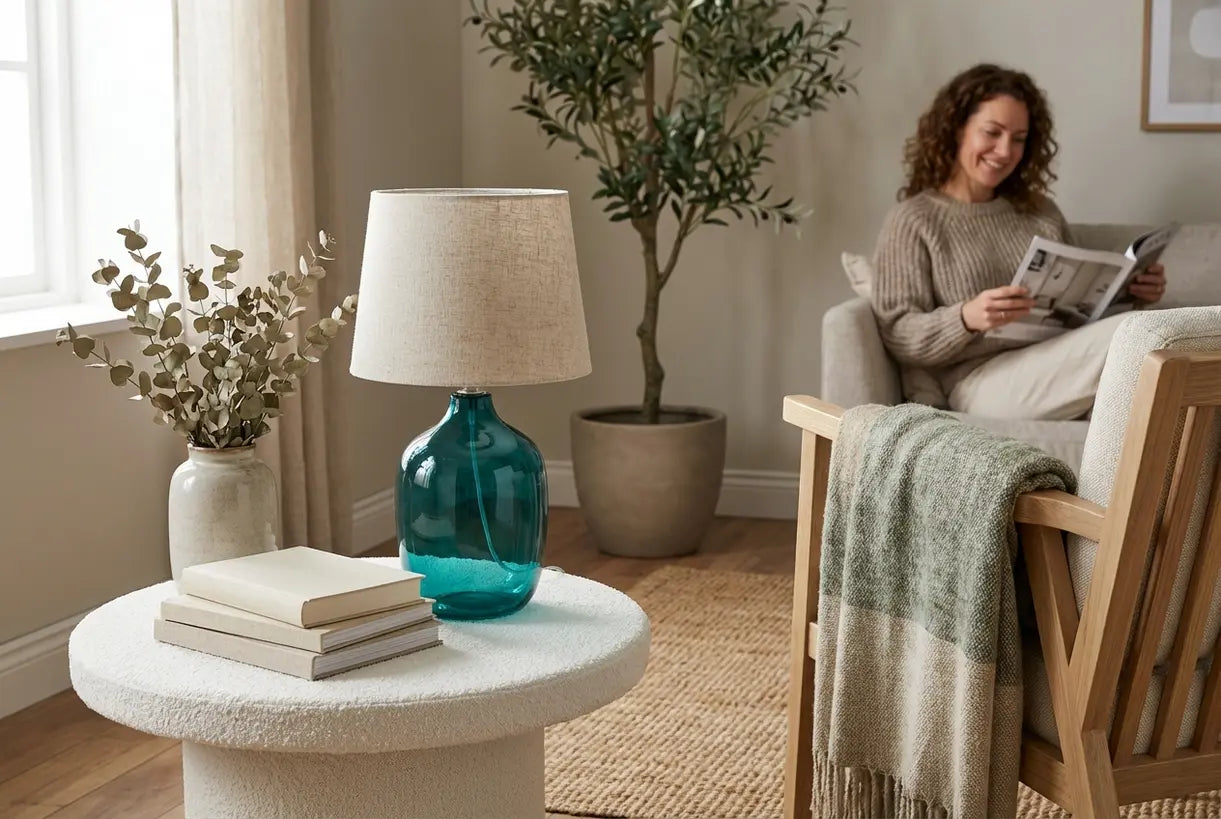 Scandinavische woonkamer met teal glazen tafellamp op boucle bijzettafel