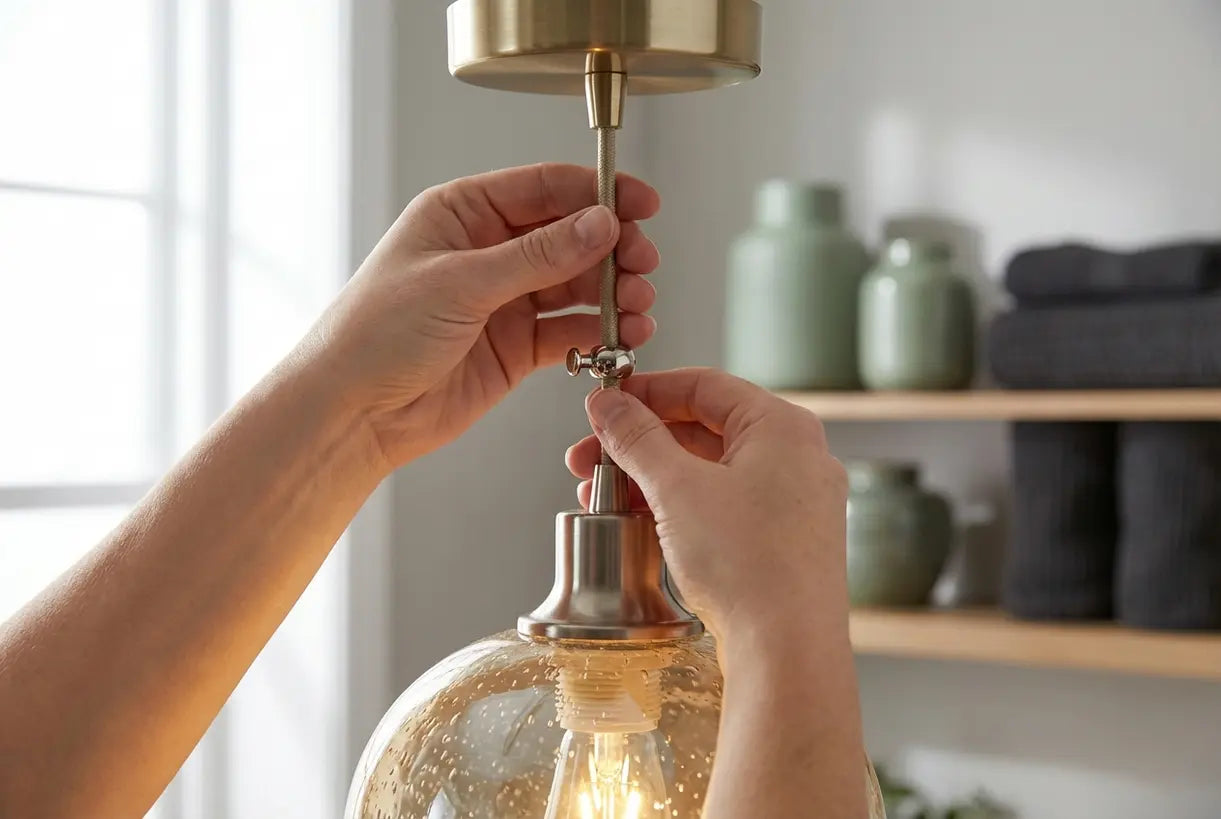 Handen stellen het snoer van een led-hanglamp met warme gloed bij