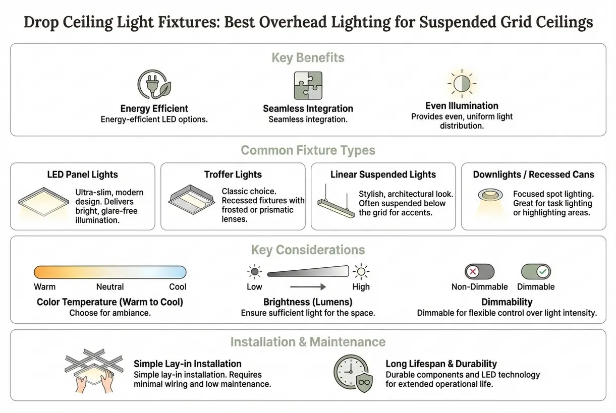 Verlichtingsarmaturen voor verlaagde plafonds: Beste bovenverlichting voor systeemplafonds - infographic