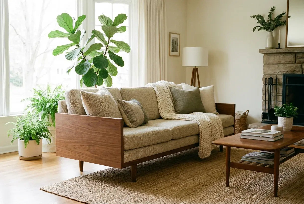 Mid-century sofa styled with cushions and throw in a neutral living room