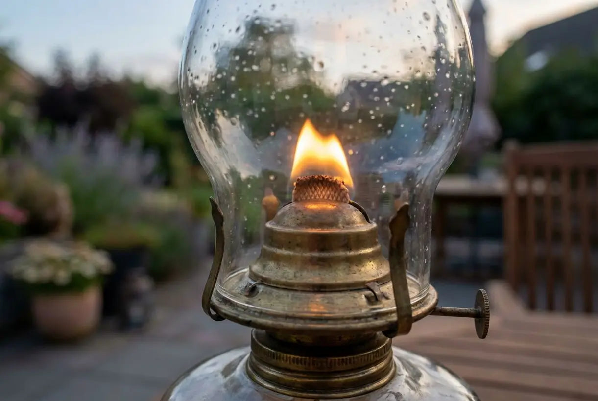 Close-up van vintage buitenolielamp met dansende vlam en messing details