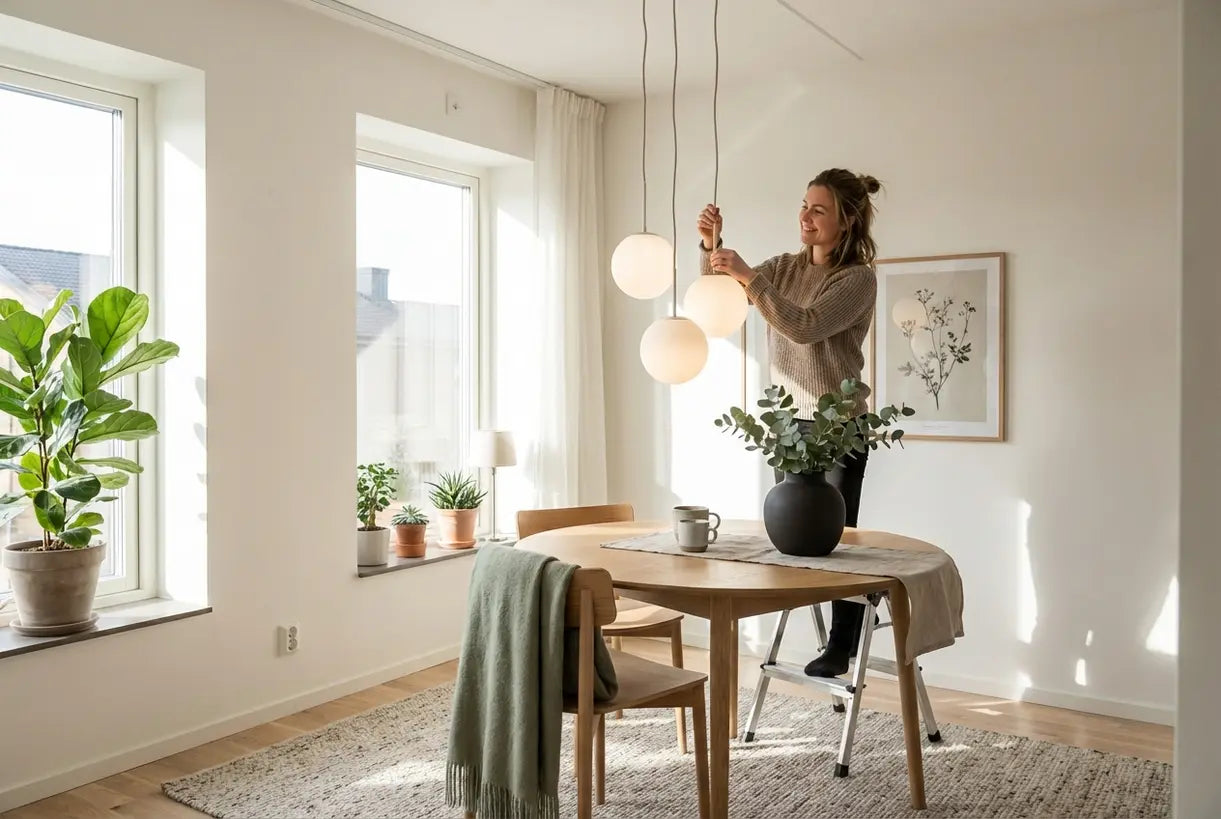 Scandinavian dining room with white globe pendant lights creating bright airy atmosphere