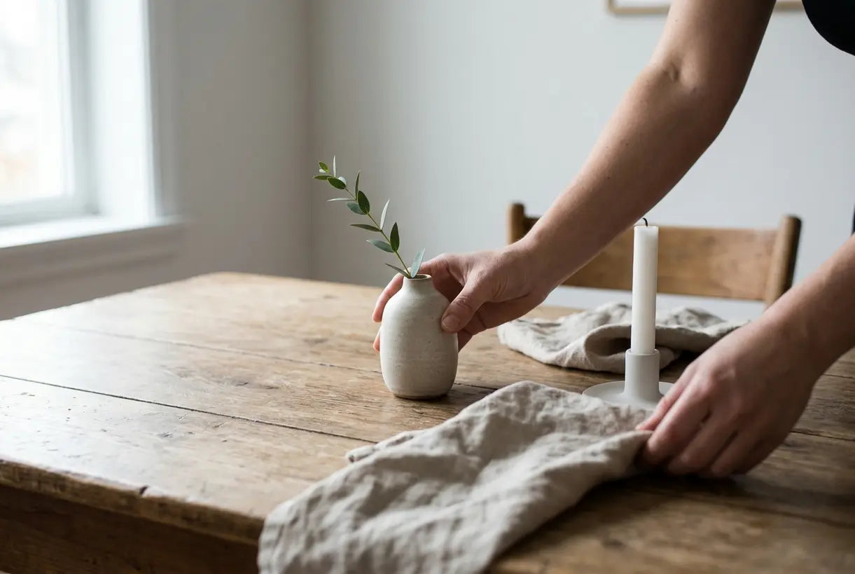 Hands styling a Scandinavian dining table centerpiece with ceramic vase and linen napkins