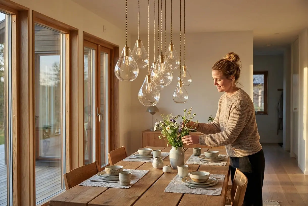 Elegante eetkamer met druppelvormige glazen hanglampen in cluster boven houten tafel