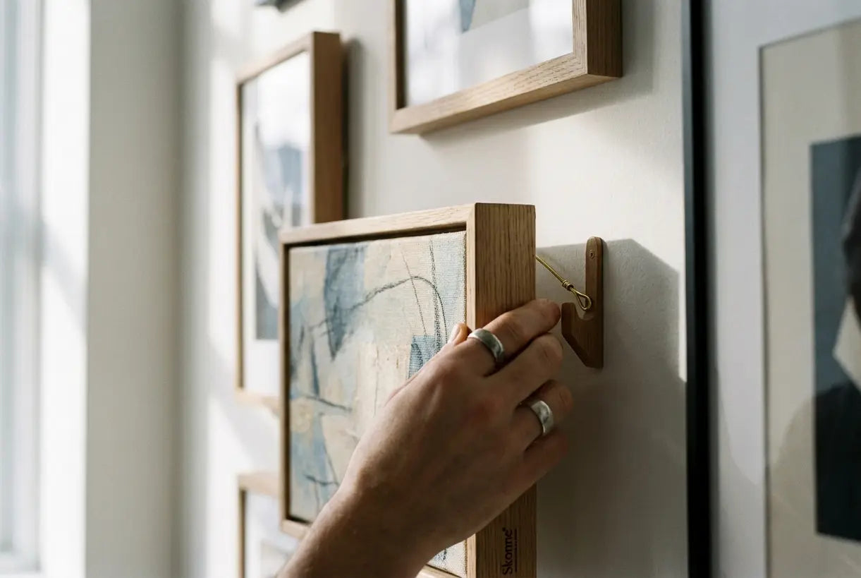 Hands hanging framed art on gallery wall, art painting home decor styling
