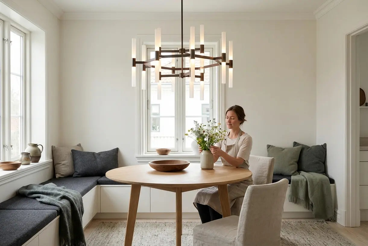 Scandinavische eetkamer met moderne kroonluchter, minimalistisch interieur, warme sfeerverlichting