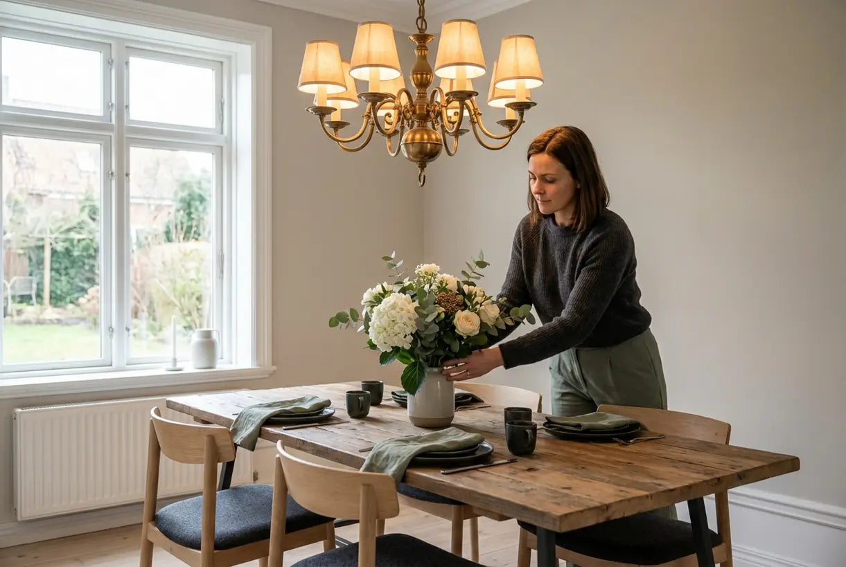 Elegante eetkamer met vintage kroonluchter die warm licht werpt over een Scandinavisch geïnspireerd interieur met huiseigenaar die bloemen schikt