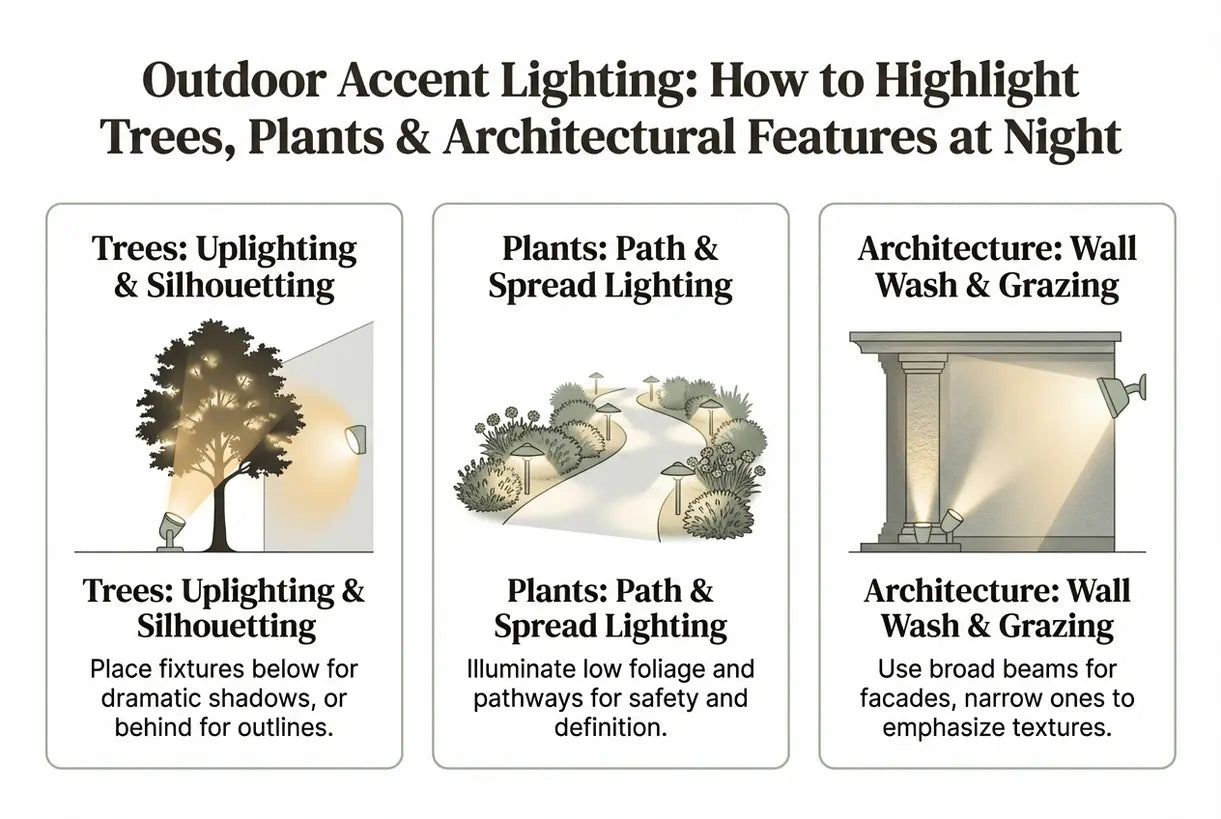 Accentverlichting buiten: zo zet je bomen, planten en architectonische details 's avonds in de verf - infographic