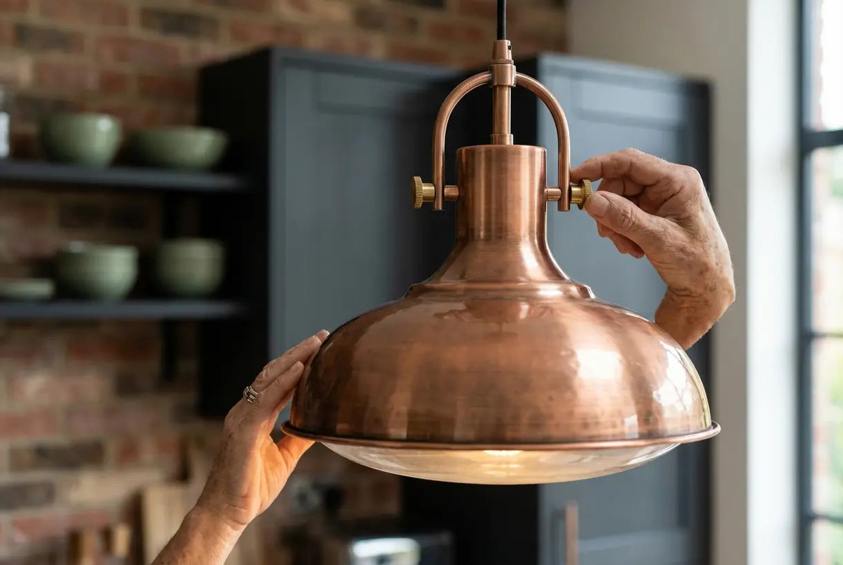 Handen die een koperen en glazen hanglamp in een moderne keuken aanpassen