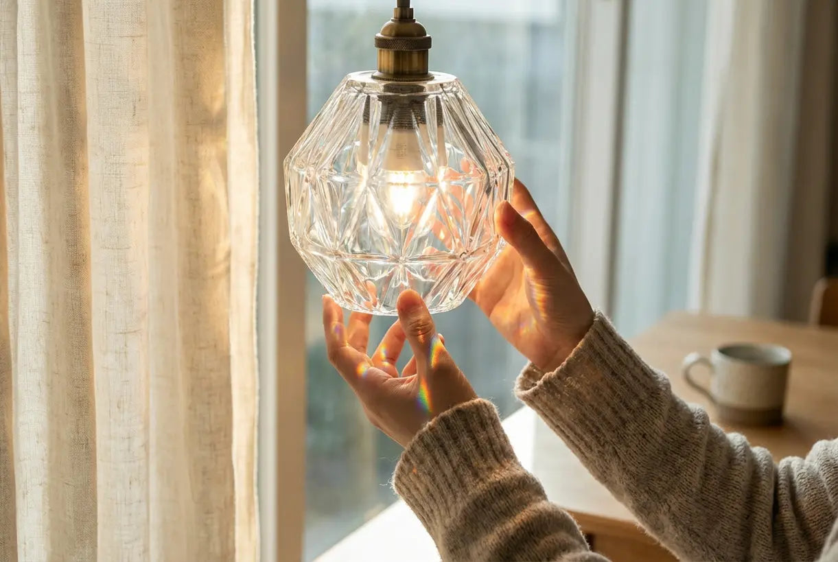 Close-up van handen die een kristallen hanglamp afstellen met prismatische lichtbrekingen
