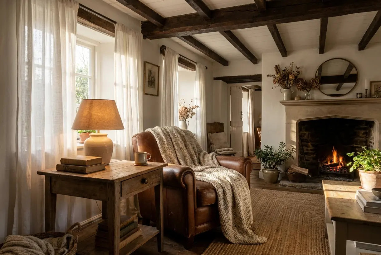Cozy cottage interior living room with comfortable seating, warm lighting, and natural rustic elements