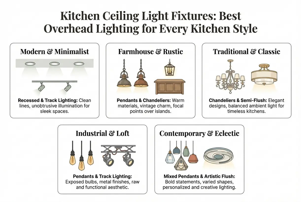 Plafondlampen voor de keuken: de beste plafondverlichting voor elke keukenstijl - infographic