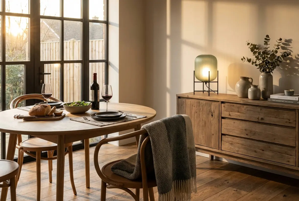 Scandinavische eetkamer met warme tafellampverlichting op dressoir naast gedekte eettafel