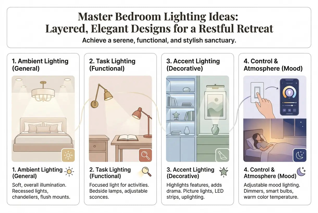 Master Bedroom Lighting Ideas: Layered, Elegant Designs for a Restful Retreat - infographic