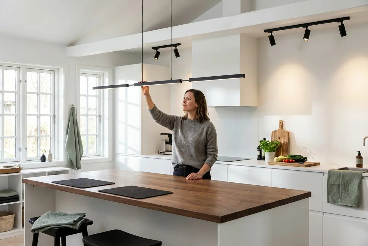 Modern Scandinavian kitchen with person adjusting track lighting above island