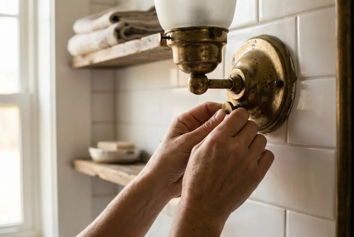 Vintage brass farmhouse bathroom lighting fixture detail with aged patina