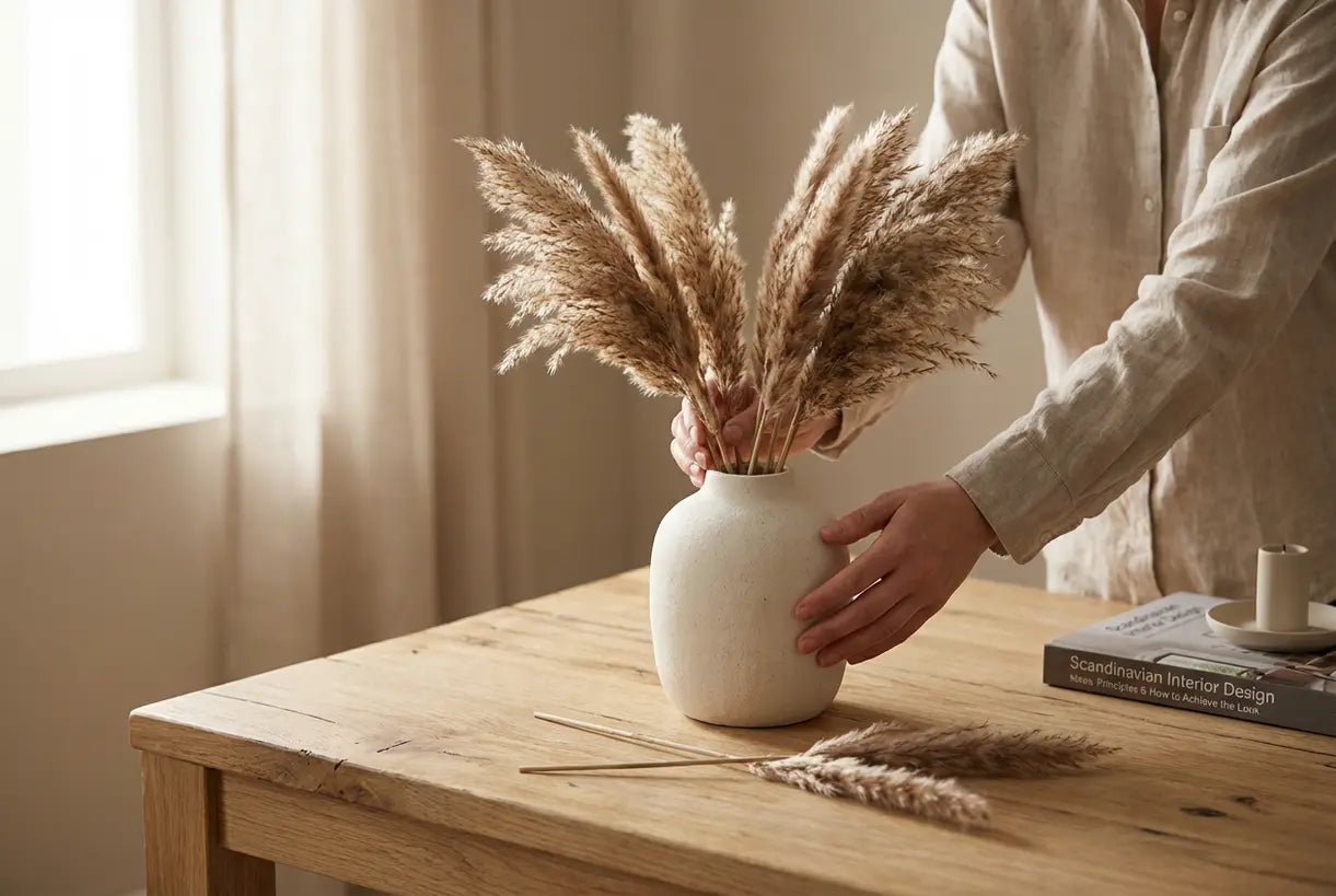 Scandinavisch interieurdesign styling handen die gedroogd pampagras schikken in minimalistische keramische vaas op natuurlijk houten oppervlak