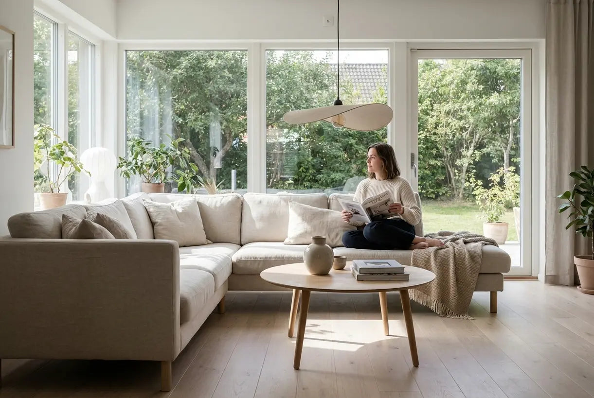 Woman exploring interior design inspiration in a bright Scandinavian living room with natural light and minimalist decor
