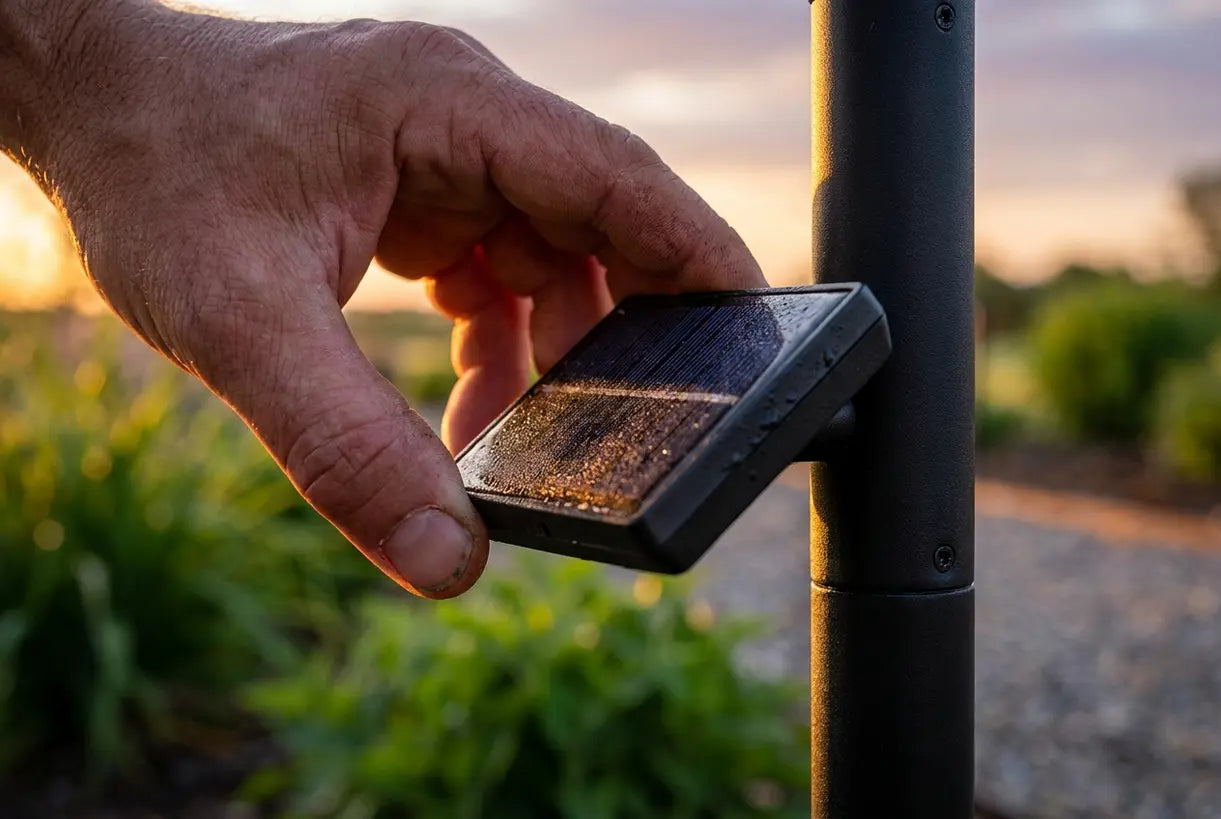 Hand die zonnepaneel op buitenpadverlichting aanpast tijdens het gouden uur, duurzame tuinverlichting