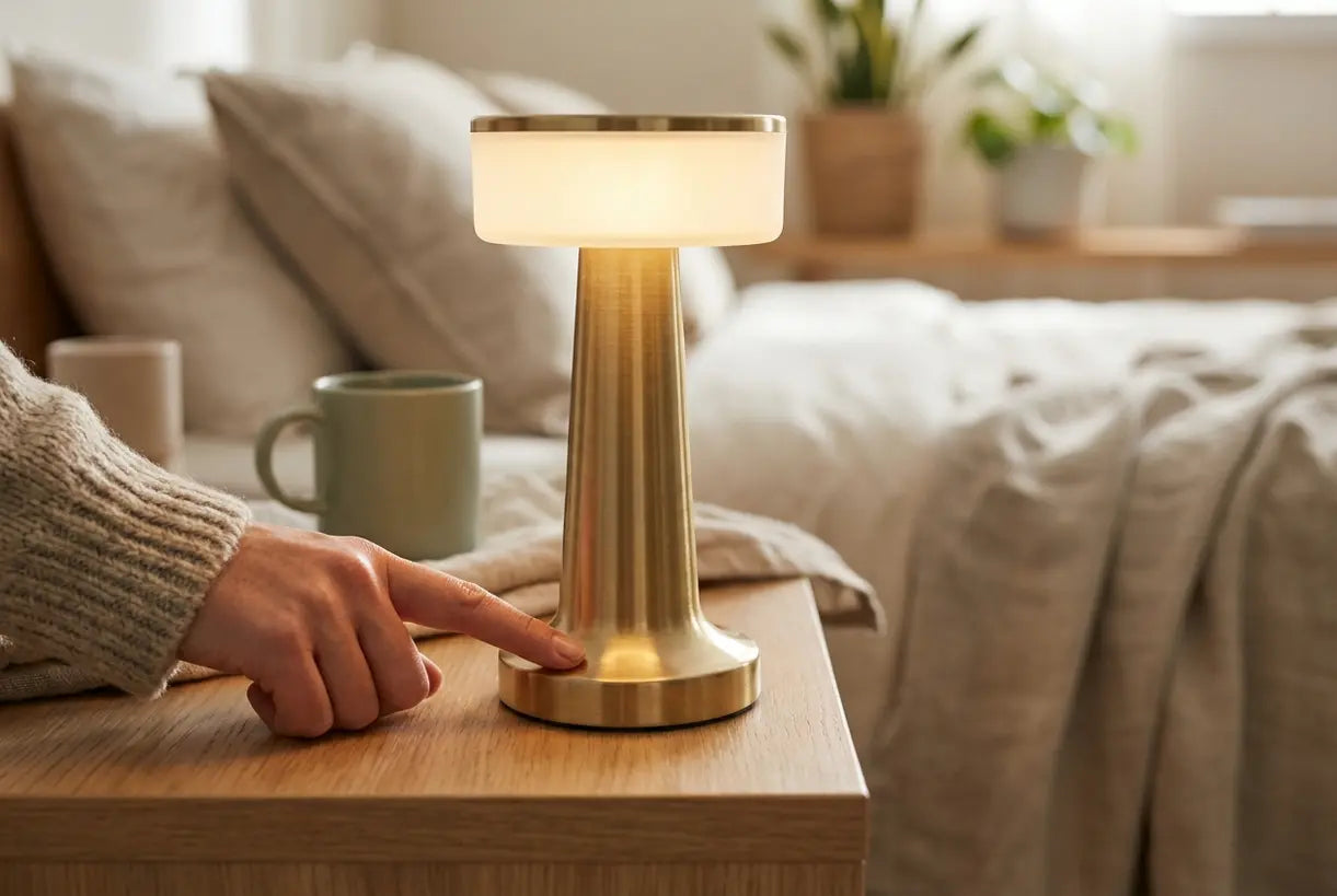 Aanraakgevoelige draagbare oplaadbare lamp die met de hand wordt geactiveerd in een Scandinavische interieuromgeving