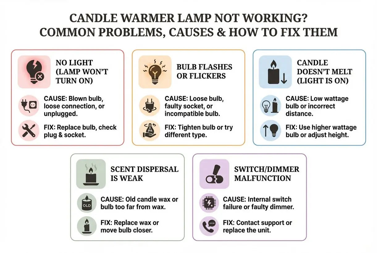 Kaarsenwarmerlamp werkt niet? Veelvoorkomende problemen, oorzaken en hoe ze te verhelpen - infographic