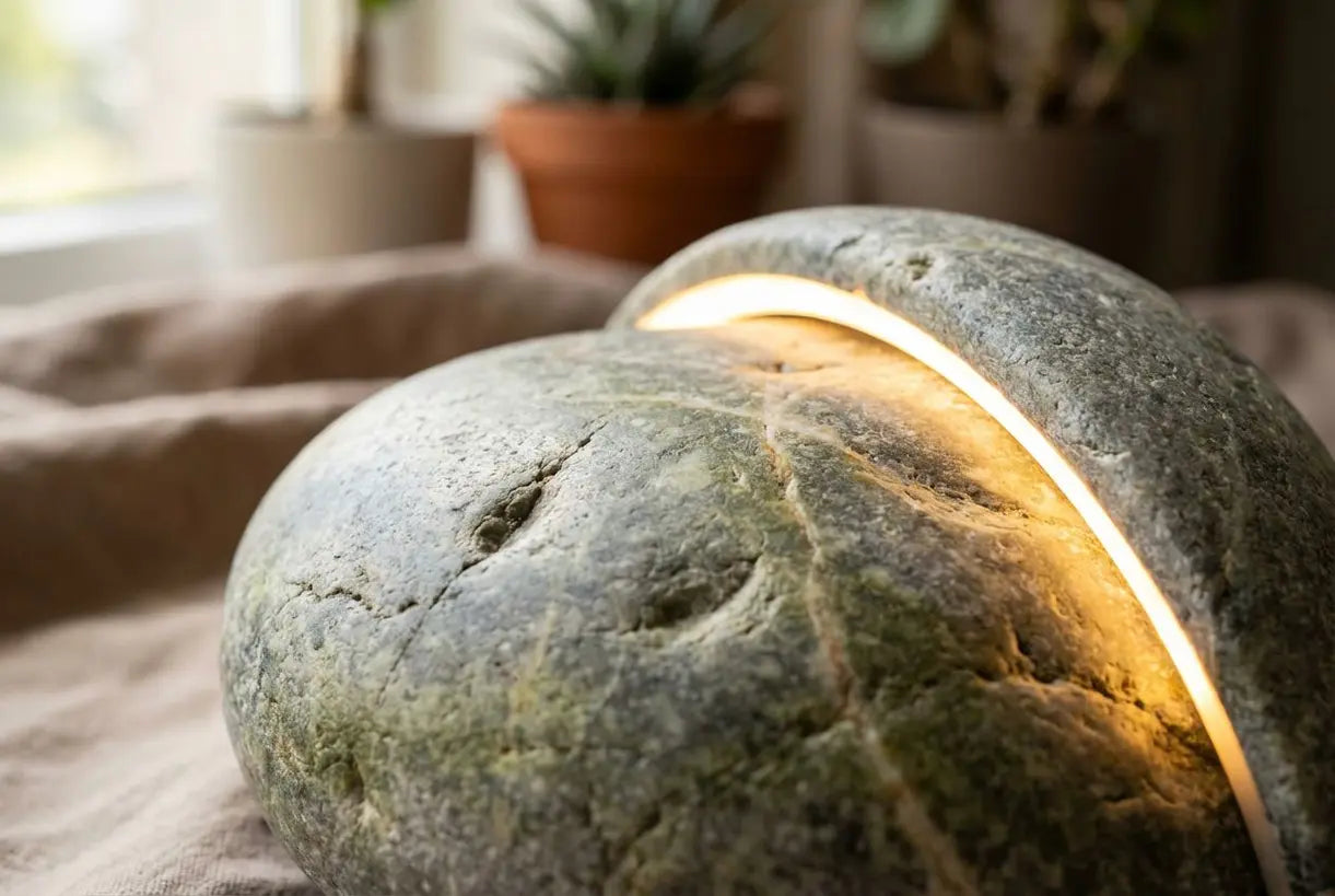 Nahaufnahme einer Naturflusssteinlampe, die organische Textur und warmes Umgebungslicht für Zen-Interieurs zeigt