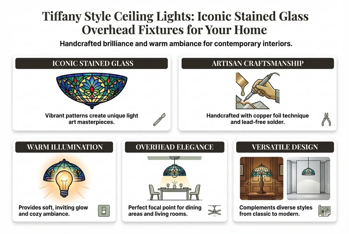 Plafondlampen in Tiffany-stijl: Iconische gebrandschilderde plafondarmaturen voor in huis - infographic