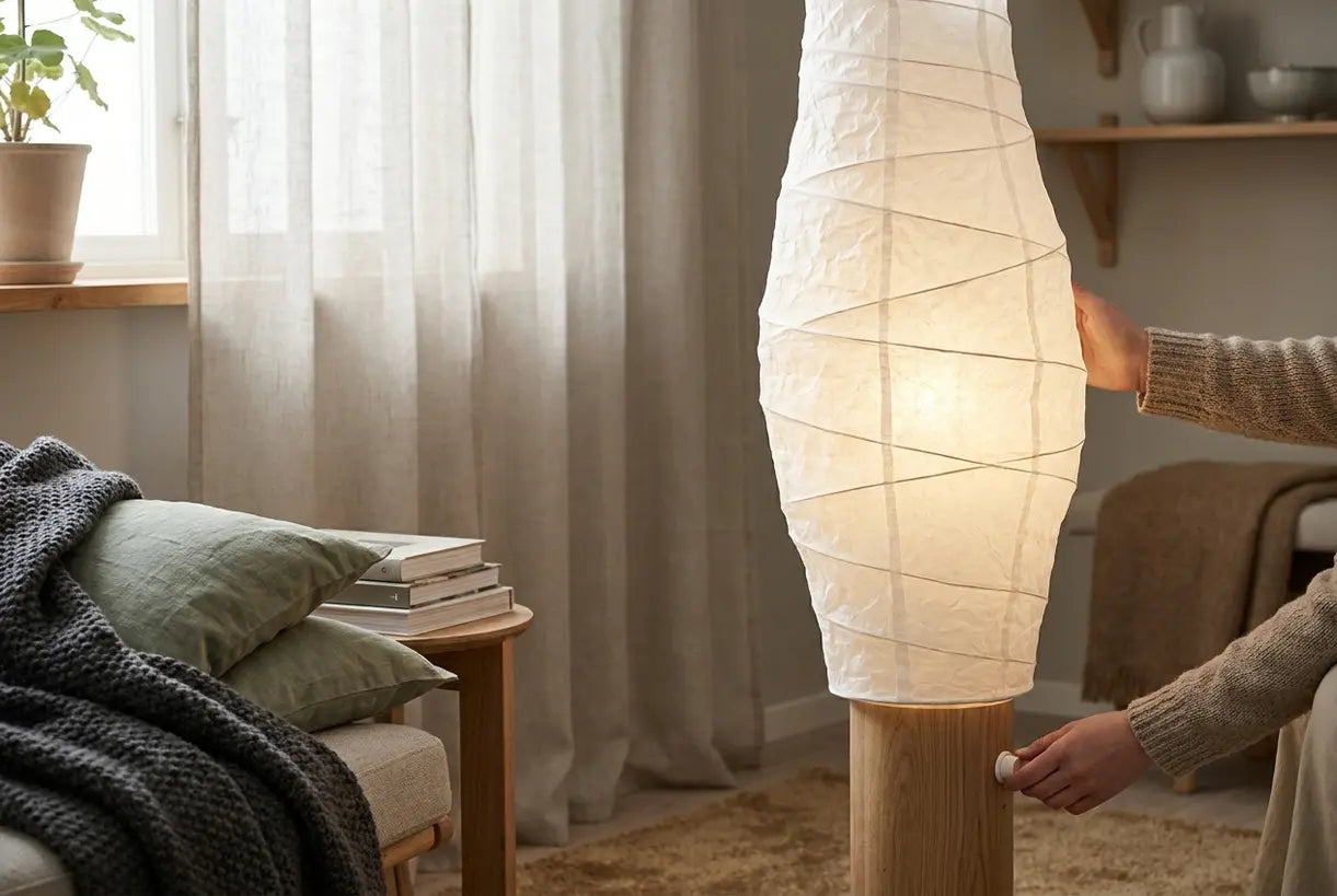 Hands adjusting a sculptural floor lamp for accent lighting in a Scandinavian living room corner