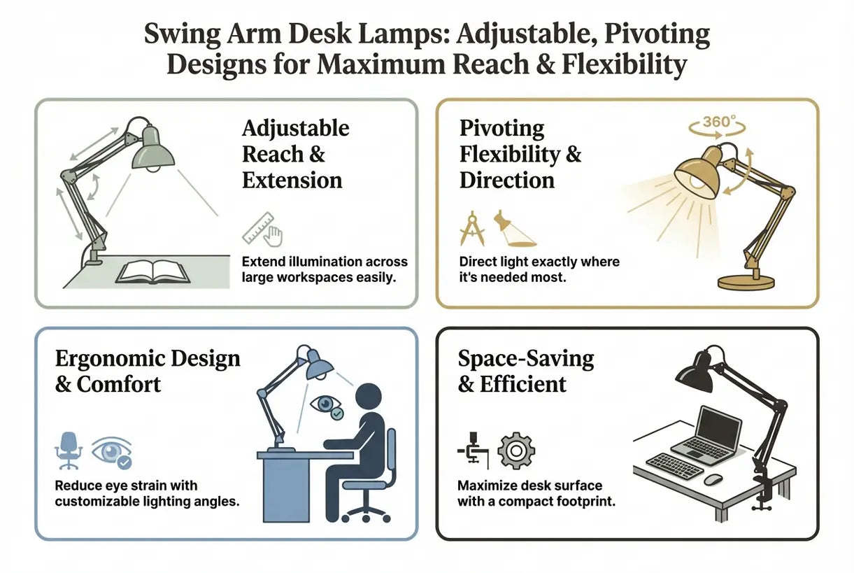 Swingarm bureaulampen: verstelbare, draaibare ontwerpen voor maximale reikwijdte en flexibiliteit - infographic