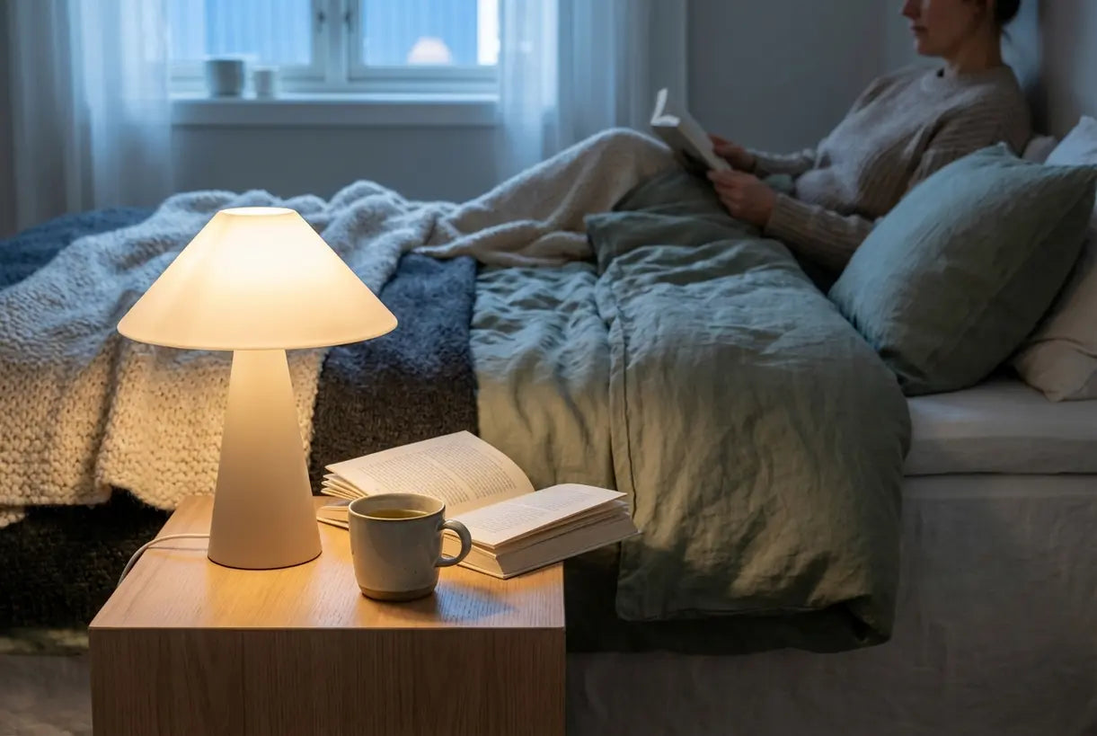 Scandinavische slaapkamer met nachtleeslamp op nachtkastje die boek verlicht