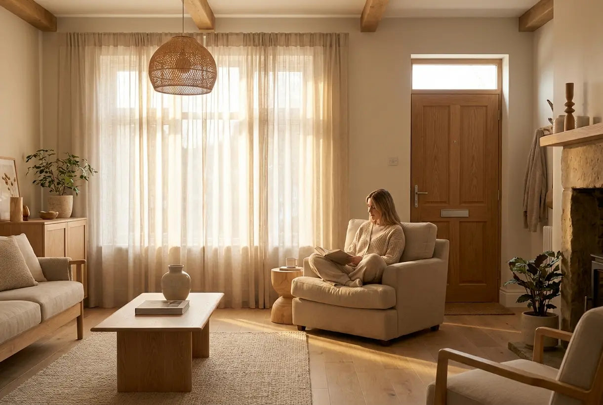 Scandinavian living room with feng shui arrangement and natural lighting