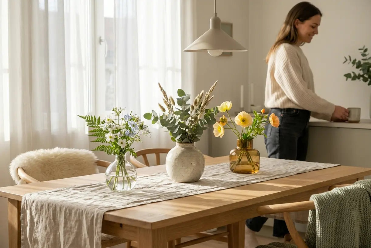 Wunderschön gedeckter skandinavischer Esstisch mit drei verschiedenen kurzen Vasen mit Blumenarrangements, natürlichem Leinen-Tischläufer und sanfter Umgebungsbeleuchtung