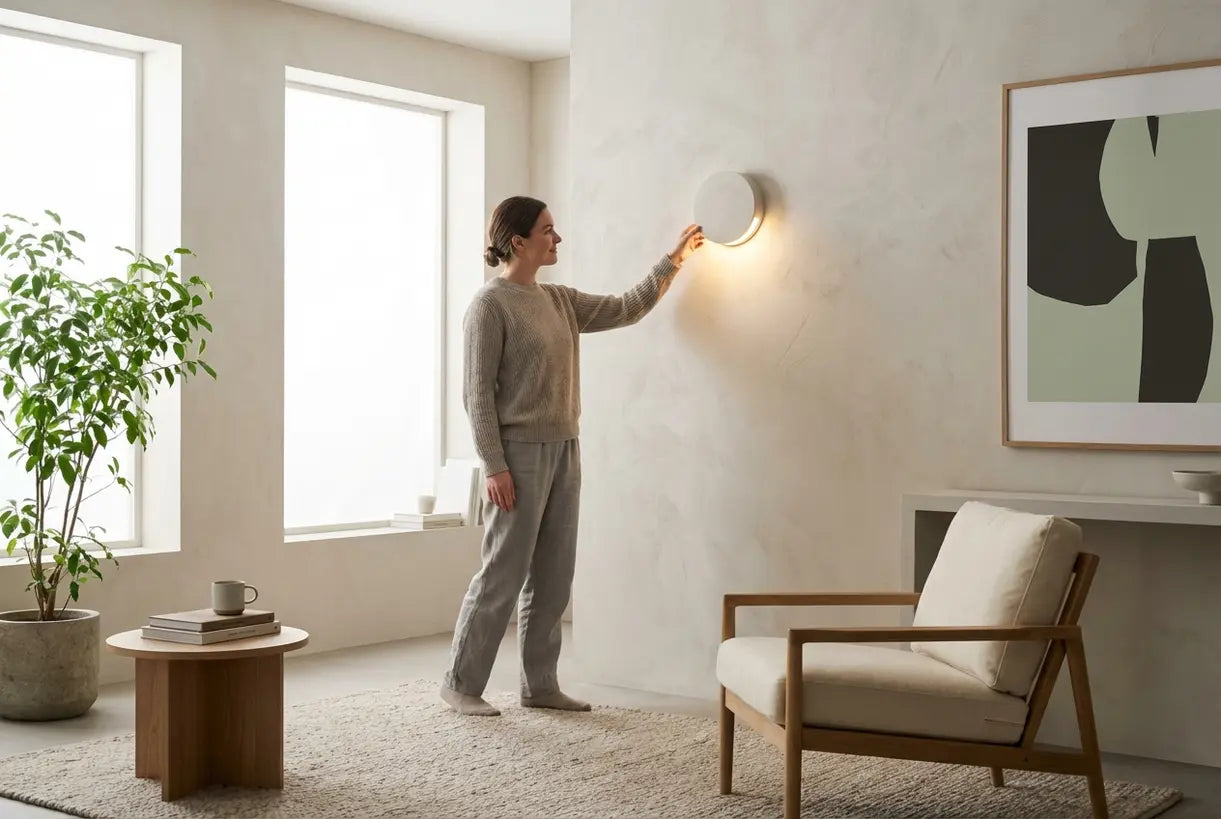 Minimalistische Scandinavische woonkamer met stuc-inbouw wandlampen die een warme, sfeervolle gloed creëren
