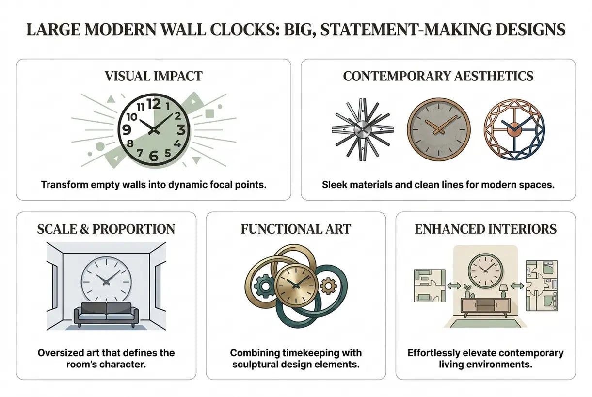 Große moderne Wanduhren: Große, ausdrucksstarke Designs für zeitgenössische Räume - Infografik