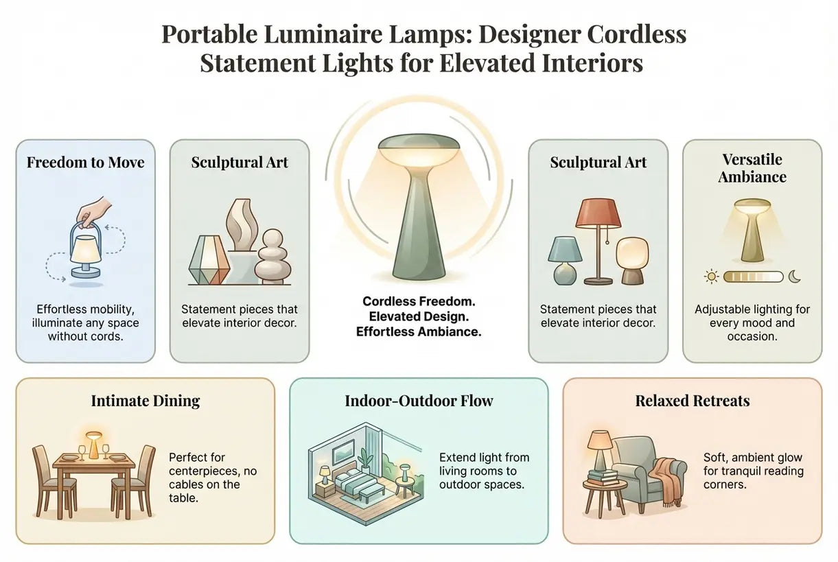 Draagbare Armatuur Lampen: Draadloze Design Statement Verlichting voor Verfijnde Interieurs - infographic
