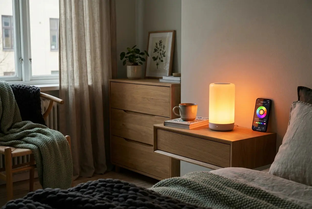 Scandinavische slaapkamer met slimme nachtlamp, kleurveranderende sfeerverlichting
